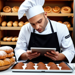**A pastry chef immersed in foreign culinary blogs on a tablet, surrounded by pastries. Emphasis on modern design and inspiration. (French)**