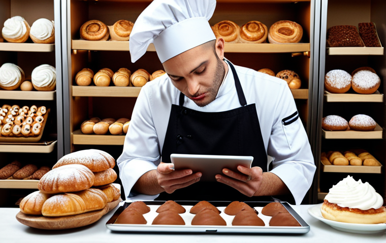 **A pastry chef immersed in foreign culinary blogs on a tablet, surrounded by pastries. Emphasis on modern design and inspiration. (French)**