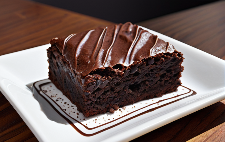 **
A visually appealing vegan brownie, showcasing its rich, fudgy texture and intense chocolate color, potentially in a modern Parisian pastry shop setting.
**