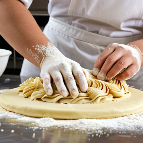 **

A student intensely focused on crafting pâte feuilletée in a professional pastry kitchen during their CAP Pâtissier training. Focus on the practical, hands-on nature of the training with visible signs of flour and effort.

**
