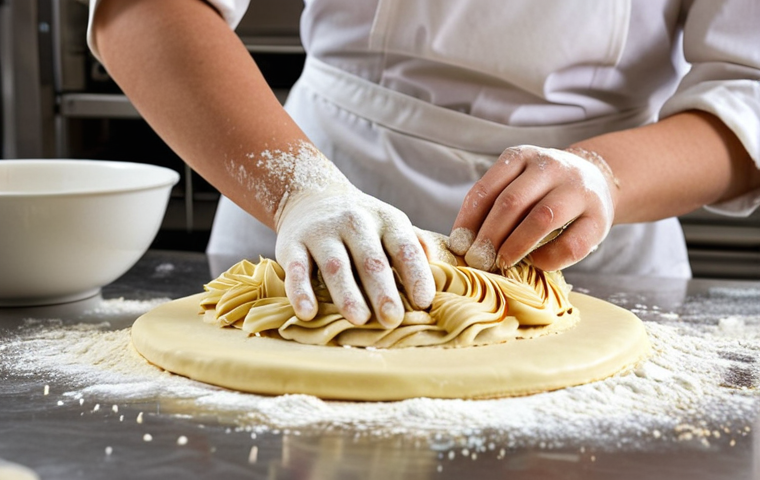 **
A student intensely focused on crafting pâte feuilletée in a professional pastry kitchen during their CAP Pâtissier training. Focus on the practical, hands-on nature of the training with visible signs of flour and effort.
**