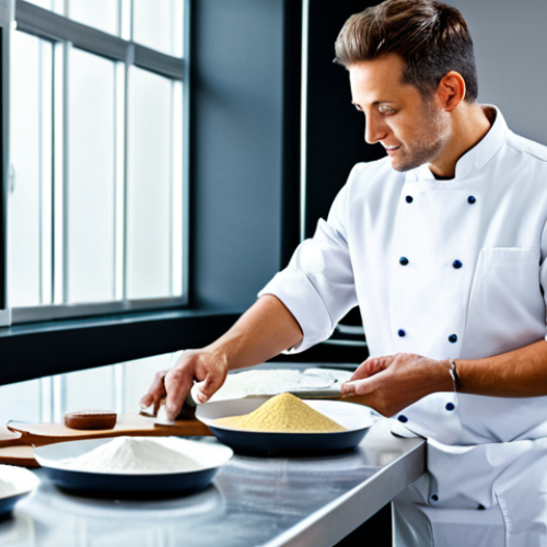 A professional pastry chef in a pristine white chef's jacket and apron, fully clothed, professional dress, appropriate attire, meticulously measuring exotic, plant-based ingredients and alternative flours (such as rice flour and almond flour) in a modern, brightly lit pastry laboratory. Stainless steel countertops and precise digital scales are visible. The atmosphere is innovative and focused on culinary science. Perfect anatomy, correct proportions, natural pose, well-formed hands, proper finger count. Professional studio photography, high resolution, sharp focus, vibrant colors, clean aesthetic, safe for work, appropriate content, family-friendly.