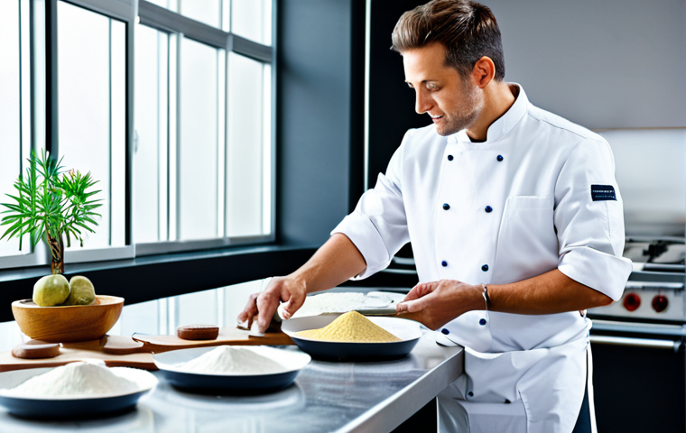 A professional pastry chef in a pristine white chef's jacket and apron, fully clothed, professional dress, appropriate attire, meticulously measuring exotic, plant-based ingredients and alternative flours (such as rice flour and almond flour) in a modern, brightly lit pastry laboratory. Stainless steel countertops and precise digital scales are visible. The atmosphere is innovative and focused on culinary science. Perfect anatomy, correct proportions, natural pose, well-formed hands, proper finger count. Professional studio photography, high resolution, sharp focus, vibrant colors, clean aesthetic, safe for work, appropriate content, family-friendly.