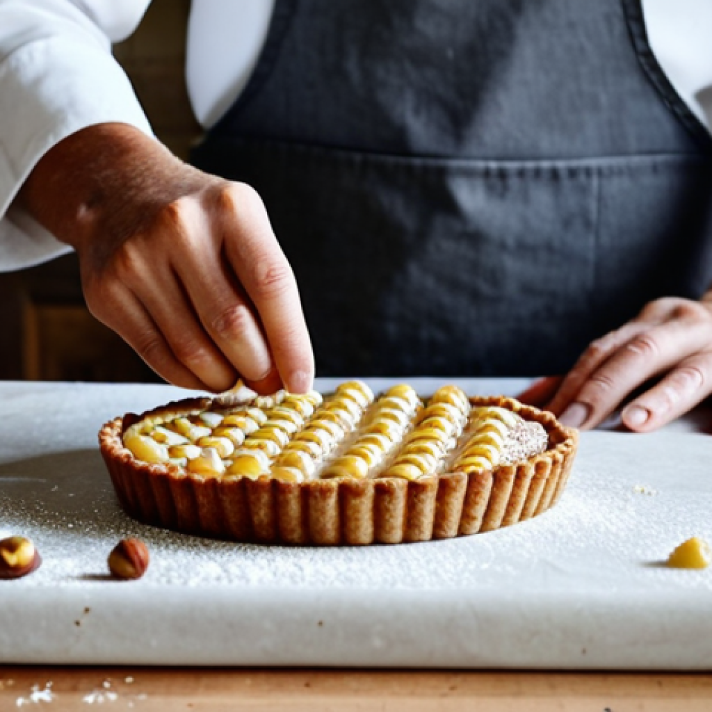 **

"A baker in a bright, airy kitchen, arranging caramelized topinambour tart with hazelnut shortbread, fully clothed, professional attire, safe for work, perfect anatomy, natural proportions, well-formed hands, proper finger count, showcasing forgotten vegetables in a modern dessert, rustic French countryside background, family-friendly, high quality, appropriate content."

**