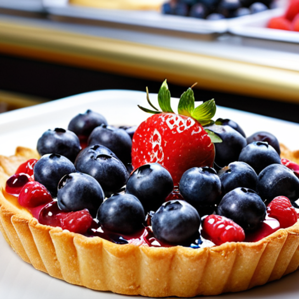 Elegant Fruit Tart**

"A vibrant fruit tart with a variety of seasonal berries (strawberries, raspberries, blueberries) arranged artfully on a golden, flaky crust. The tart is glazed with a light apricot jam for a glossy finish. The background is a brightly lit patisserie display case with other pastries blurred in the background. Perfect anatomy, correct proportions, natural pose, well-formed ingredients, professional photography, high quality, safe for work, appropriate content, fully clothed, professional, family-friendly."

**