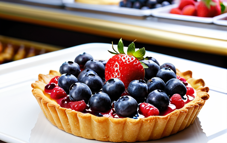 Elegant Fruit Tart**

"A vibrant fruit tart with a variety of seasonal berries (strawberries, raspberries, blueberries) arranged artfully on a golden, flaky crust. The tart is glazed with a light apricot jam for a glossy finish. The background is a brightly lit patisserie display case with other pastries blurred in the background. Perfect anatomy, correct proportions, natural pose, well-formed ingredients, professional photography, high quality, safe for work, appropriate content, fully clothed, professional, family-friendly."

**