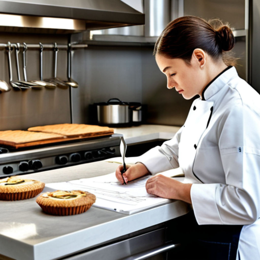 디저트 전문가의 스트레스 관리 비결 - Prioritization & Planning**
A professional pastry chef in a clean, modern kitchen, fully clothed in...