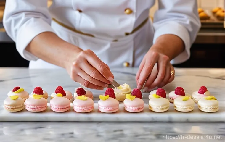 디저트 전문가의 성공적인 실습 사례 - **A master pastry chef,** a woman in her late 40s with a focused expression, wearing a crisp white c...