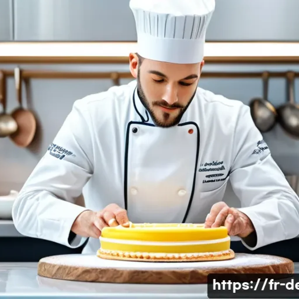 디저트 전문가로서의 퇴사 및 재취업 사례 - A professional French pastry chef in a modern kitchen, carefully decorating a gluten-free and vegan ...