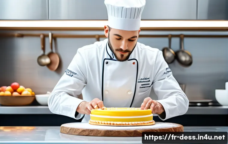 디저트 전문가로서의 퇴사 및 재취업 사례 - A professional French pastry chef in a modern kitchen, carefully decorating a gluten-free and vegan ...
