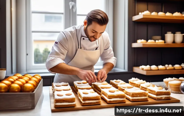 디저트 전문가로서의 경력 전환 사례 - A cozy French pastry workshop interior with a professional pastry chef wearing a white chef’s jacket...