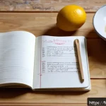 디저트 전문가의 레시피 기록법 - A cozy kitchen scene featuring an open recipe notebook on a wooden table, with the left page showing...