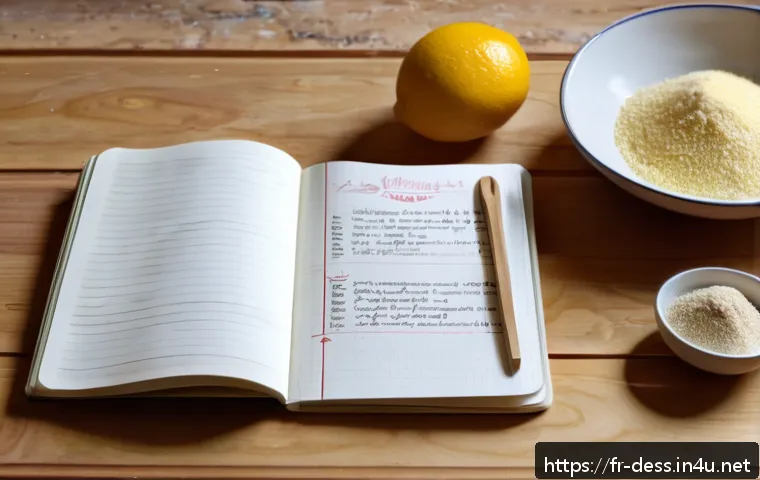 디저트 전문가의 레시피 기록법 - A cozy kitchen scene featuring an open recipe notebook on a wooden table, with the left page showing...