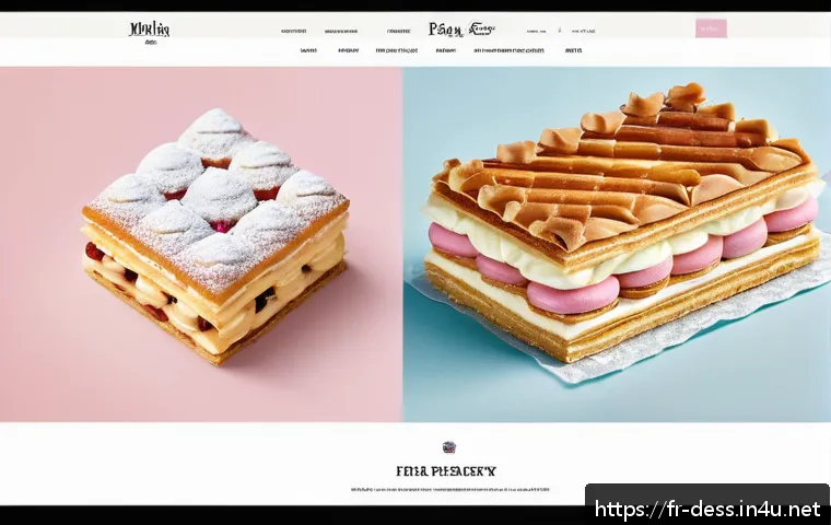 디저트 전문가의 온라인 포트폴리오 작성법 - A sophisticated French pastry chef’s portfolio homepage layout showcasing a pastel color palette wit...