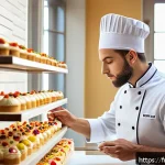 디저트 전문가의 연봉 협상 팁 - A professional pastry chef in a modern French bakery kitchen, wearing a clean white chef&rsquo;s jacket an...