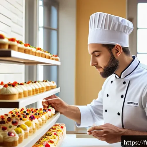 디저트 전문가의 연봉 협상 팁 - A professional pastry chef in a modern French bakery kitchen, wearing a clean white chef&rsquo;s jacket an...