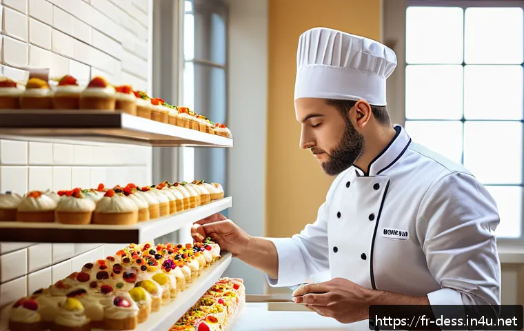 디저트 전문가의 연봉 협상 팁 - A professional pastry chef in a modern French bakery kitchen, wearing a clean white chef’s jacket an...