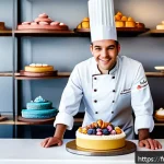 디저트 전문가의 해외 인증 자격증 - A professional pastry chef in a modern French bakery kitchen, wearing a crisp white chef jacket and ...