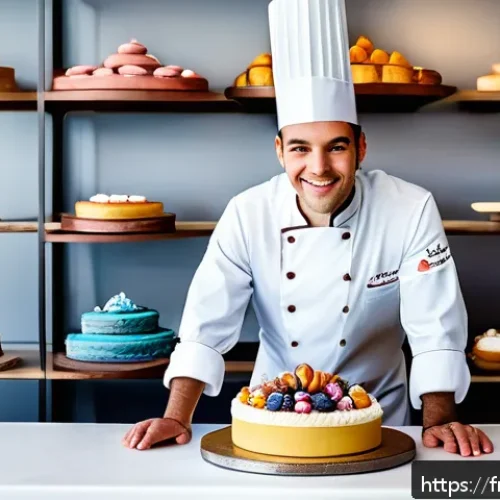 디저트 전문가의 해외 인증 자격증 - A professional pastry chef in a modern French bakery kitchen, wearing a crisp white chef jacket and ...