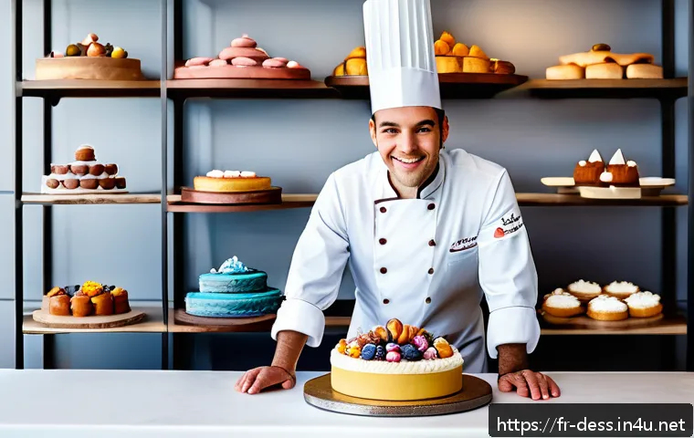 디저트 전문가의 해외 인증 자격증 - A professional pastry chef in a modern French bakery kitchen, wearing a crisp white chef jacket and ...