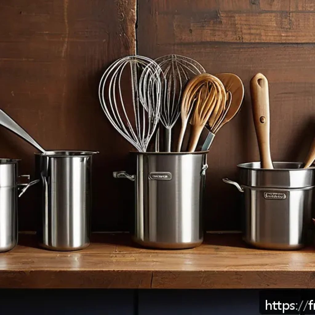 디저트 전문가의 필수 도구와 장비 - A cozy French kitchen scene focused on essential baking utensils: a high-quality stainless steel whi...