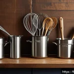 디저트 전문가의 필수 도구와 장비 - A cozy French kitchen scene focused on essential baking utensils: a high-quality stainless steel whi...