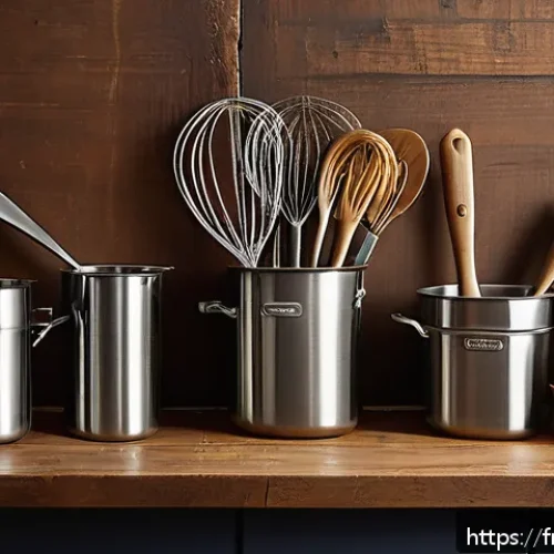 디저트 전문가의 필수 도구와 장비 - A cozy French kitchen scene focused on essential baking utensils: a high-quality stainless steel whi...