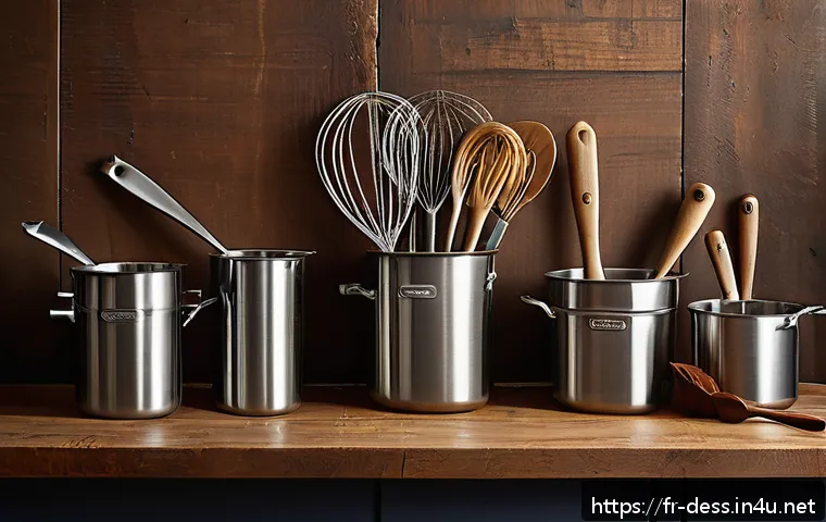 디저트 전문가의 필수 도구와 장비 - A cozy French kitchen scene focused on essential baking utensils: a high-quality stainless steel whi...