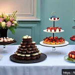 디저트 전문가의 성공적인 이벤트 운영 - A beautifully arranged dessert buffet table set in an elegant indoor venue, featuring a variety of c...