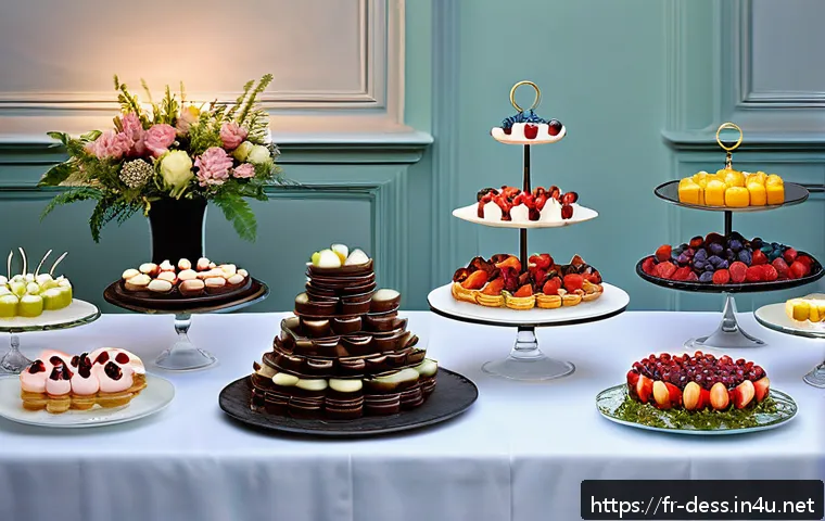 디저트 전문가의 성공적인 이벤트 운영 - A beautifully arranged dessert buffet table set in an elegant indoor venue, featuring a variety of c...