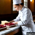 디저트 전문가의 필수 자격증과 학위 - Photorealistic French pâtisserie training kitchen, a focused young pastry chef in a crisp white jack...