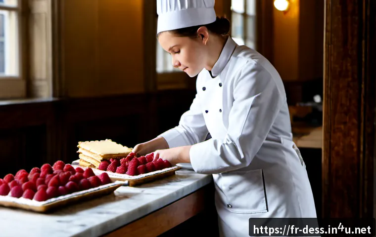 디저트 전문가의 필수 자격증과 학위 - Photorealistic French pâtisserie training kitchen, a focused young pastry chef in a crisp white jack...