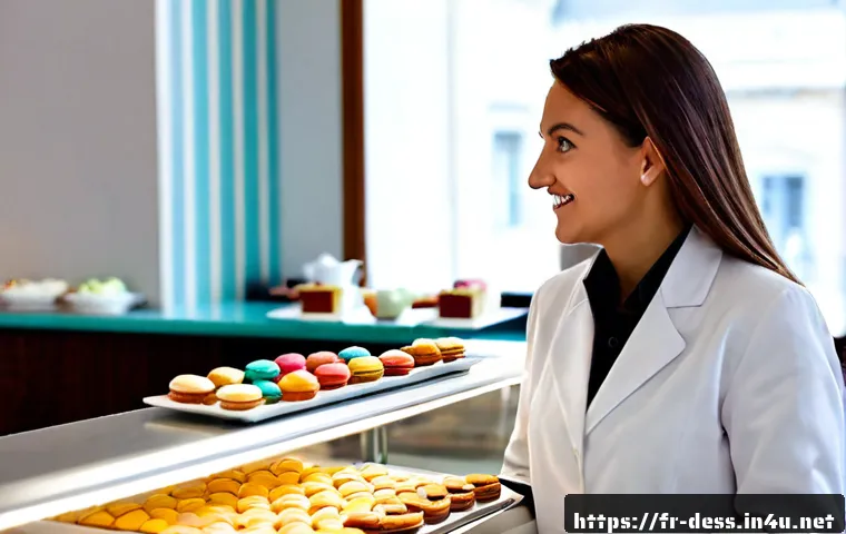 디저트 전문가의 고객 서비스 개선 사례 - Photorealistic French pâtisserie customer service improvement scene, a friendly dessert specialist i...